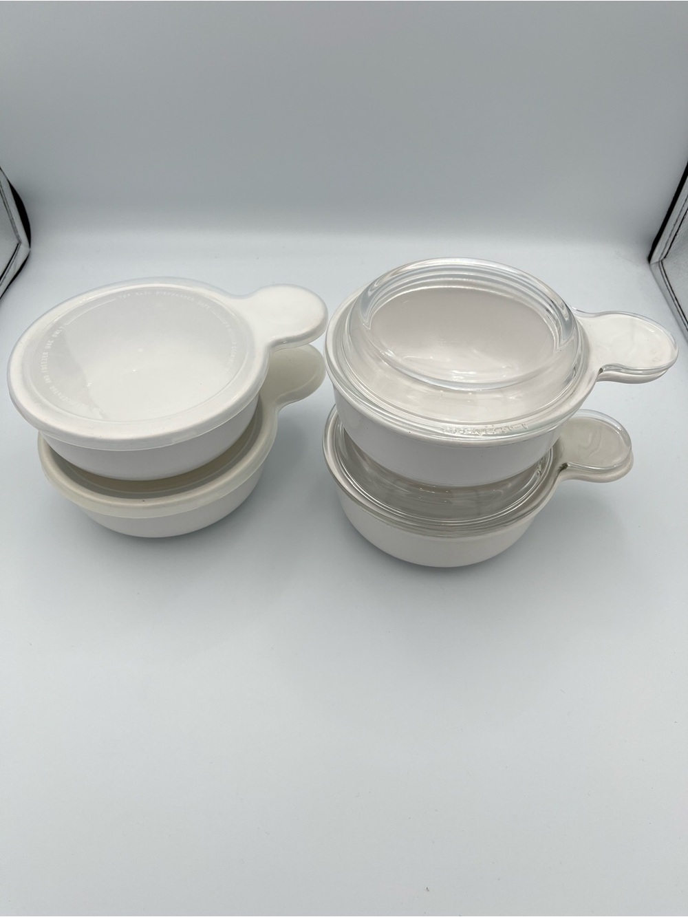 Vintage 4 Corning Ware White Grab It Bowls P-150-B w 2 Glass & 2 Plastic Lids